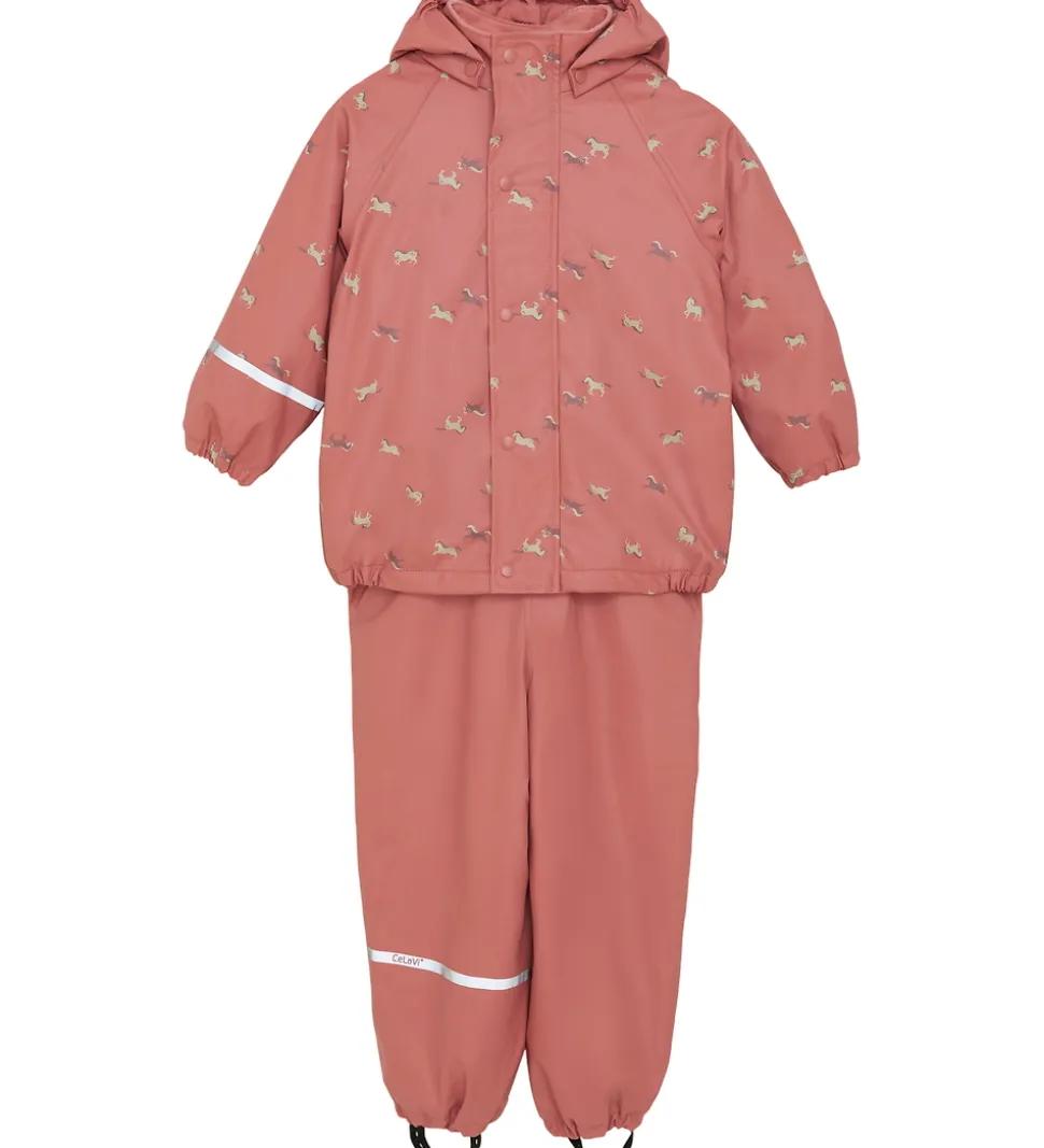 CeLaVi Regntøj m. Seler/Fleece - Recycle PU - Brick Dust m. Prin