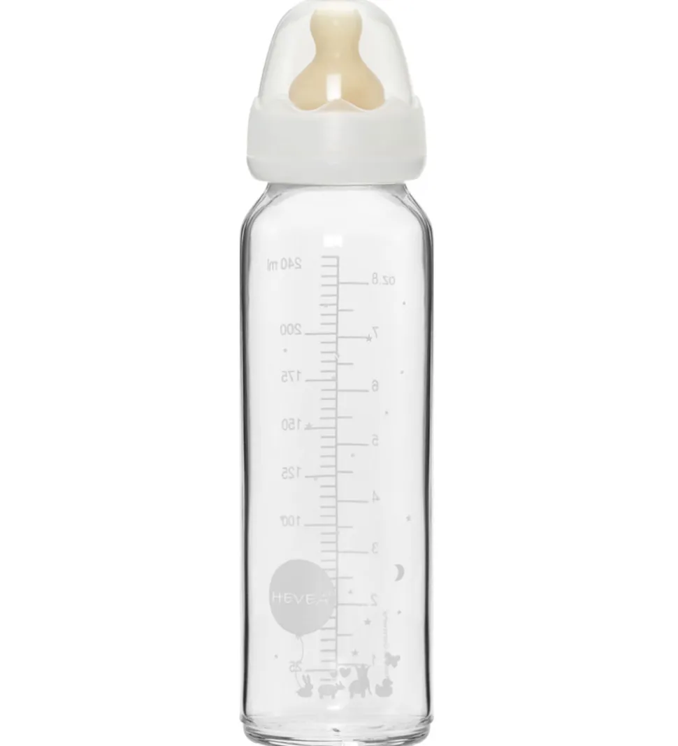 Hevea Sutteflaske - 240 ml - Glas/Naturgummi - Hvid