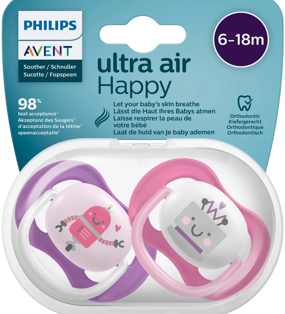 Philips Avent Sutter - 2-pak - Ultra Air - Pink/Lilla m. Robot