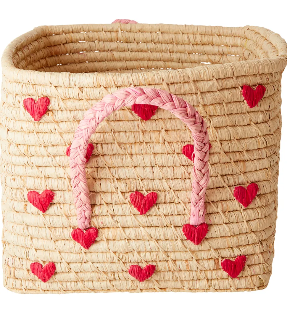 Rice Opbevaringskurv - Raffia - 30x30x25 cm - Natur m. Hjerter