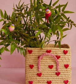 Rice Opbevaringskurv - Raffia - 30x30x25 cm - Natur m. Hjerter